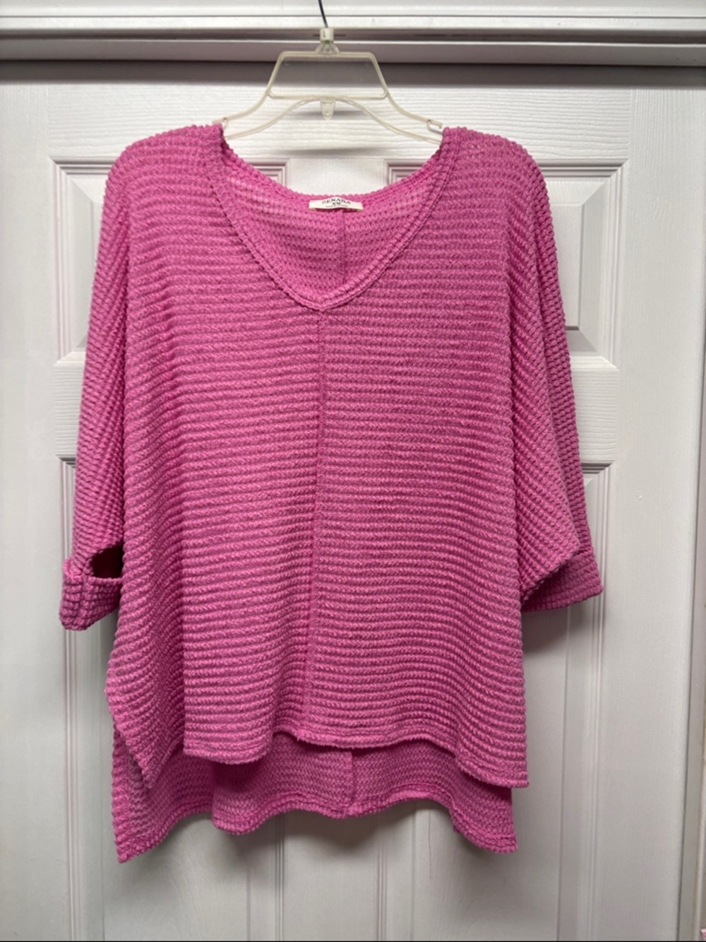 Zenana Outfitters Barbie Core Pink Waffle Knit Oversized V-Neck Top S/M